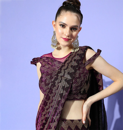 Purple & Burgundy Embellished Ready to Wear Saree